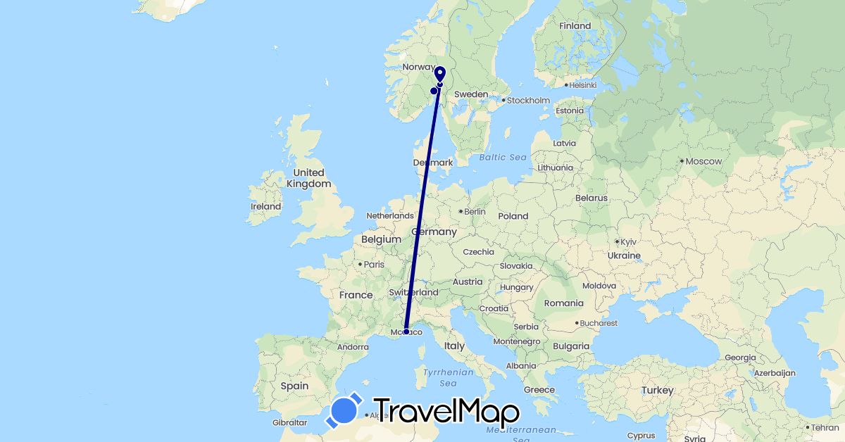 TravelMap itinerary: driving in France, Monaco, Norway (Europe)